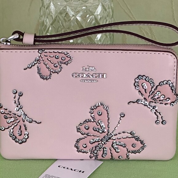 COACH CORNER ZIP WRISTLET LEATHER WITH SPARKLY BUTTERFLY PRINT:NWT CCJ72 - Picture 2 of 11